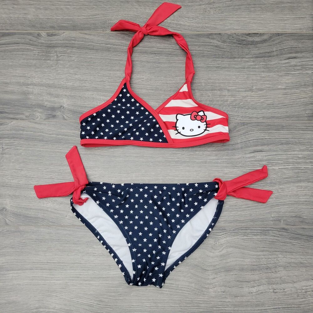 2012 Hello Kitty Girls Patriotic American Flag Bikini Medium Red White Blue